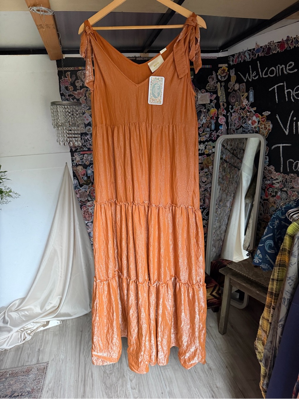 Maeve Tiered Tie-Shoulder Maxi Dress in Burnt Orange